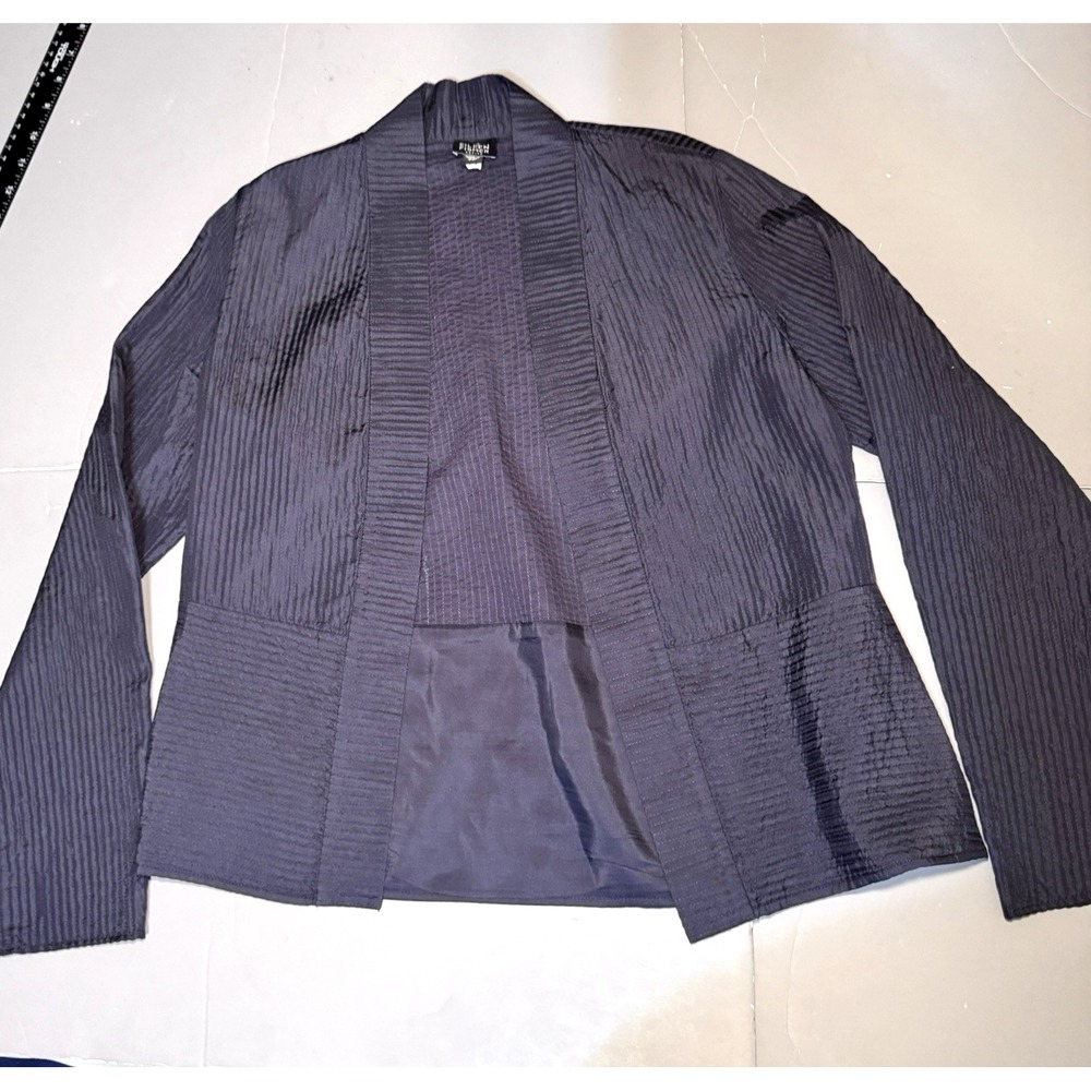 Eileen Fisher Silk Blend Navy Ribbed Crinkle Open Jacket  Petite PP Washable